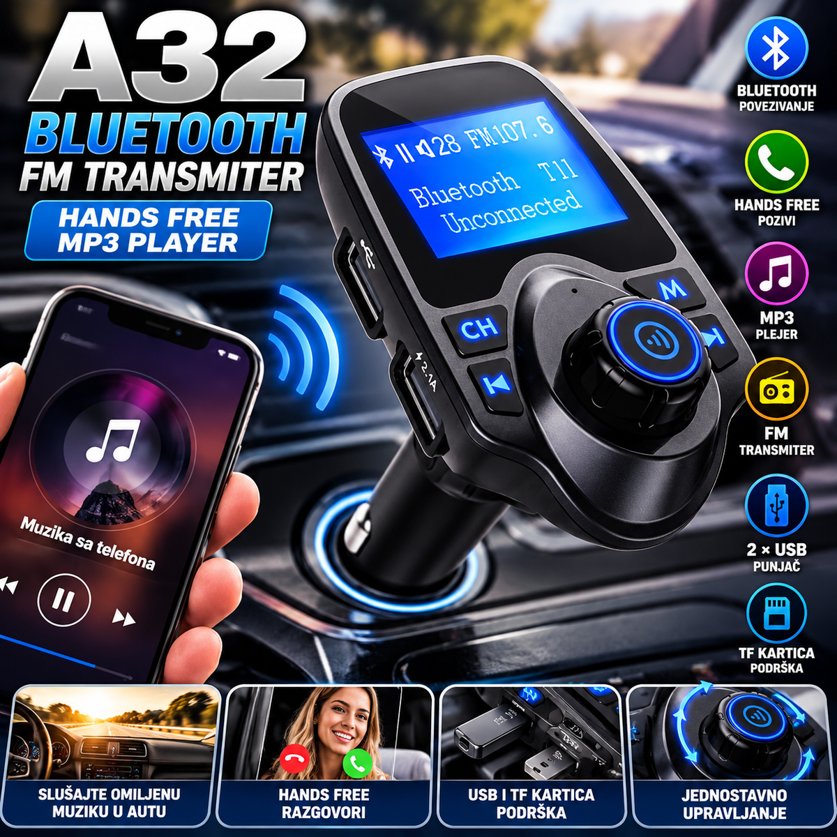 Bluetooth Transmiter A32 – Hands Free MP3 Adapter za Auto