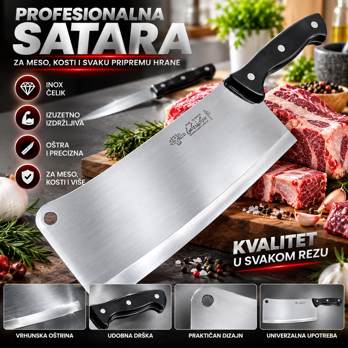 INOX Satara za Meso 30 CM – Masivna AUS-8 Satara za Meso i Kosti, Profesionalni Mesarski Alat 1,3 KG