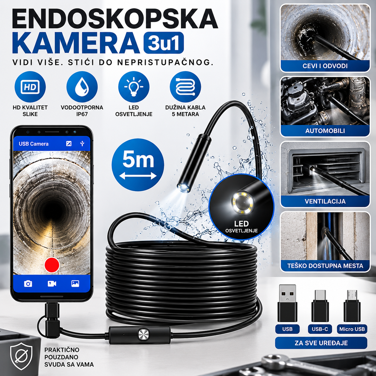Endoskopska Kamera 5m 3u1 – Vodootporna Inspekcijska Kamera sa Fleksibilnom Sondom za Telefon