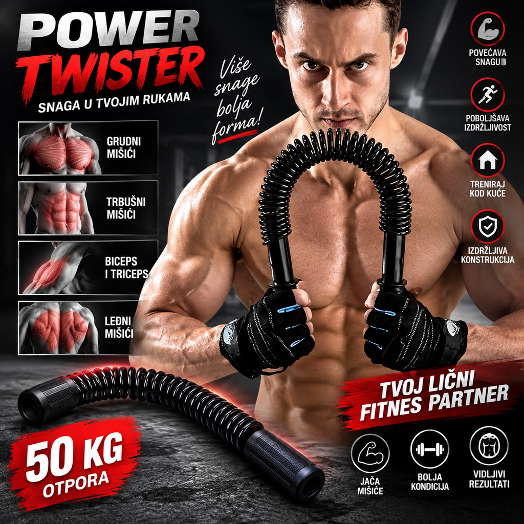 Power Twister 50 kg – Metalna Šipka sa Oprugom za Vežbanje Grudi, Ruku, Ramena i Leđa
