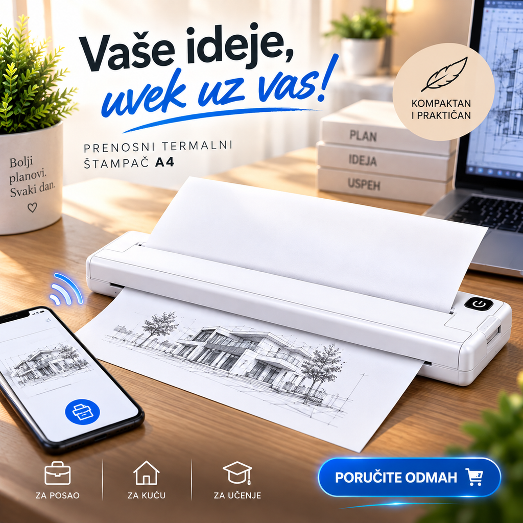 Prenosni A4 Termalni Štampač – Bežični Mini Printer za Telefon, Laptop i Dokumenta