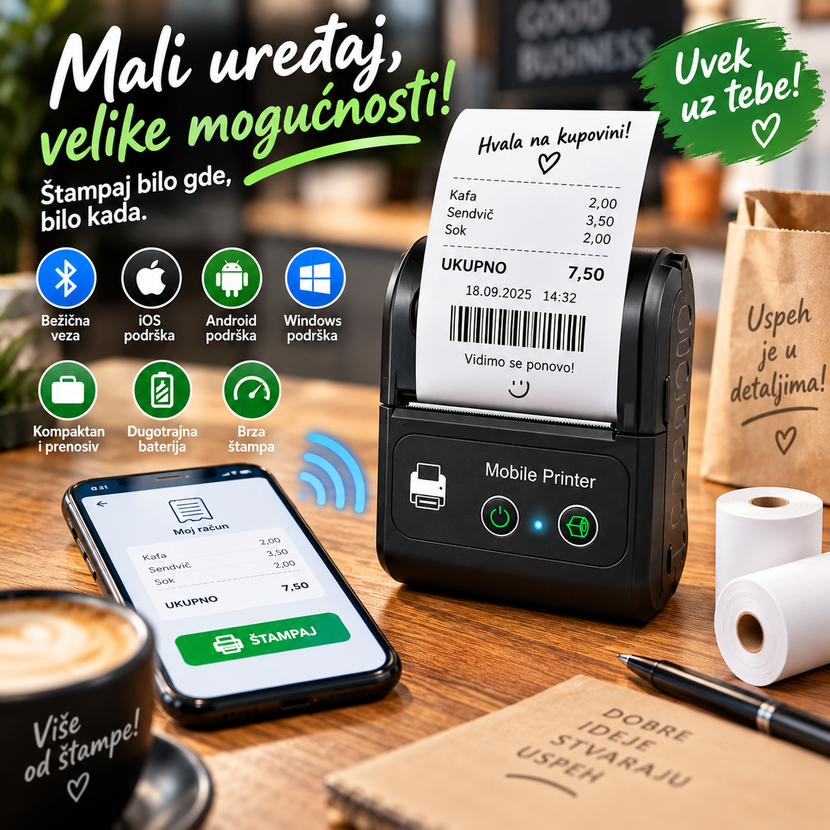 Termalni Prenosivi Štampač – Bežični POS Printer za Račune, Nalepnice i Mobilnu Štampu