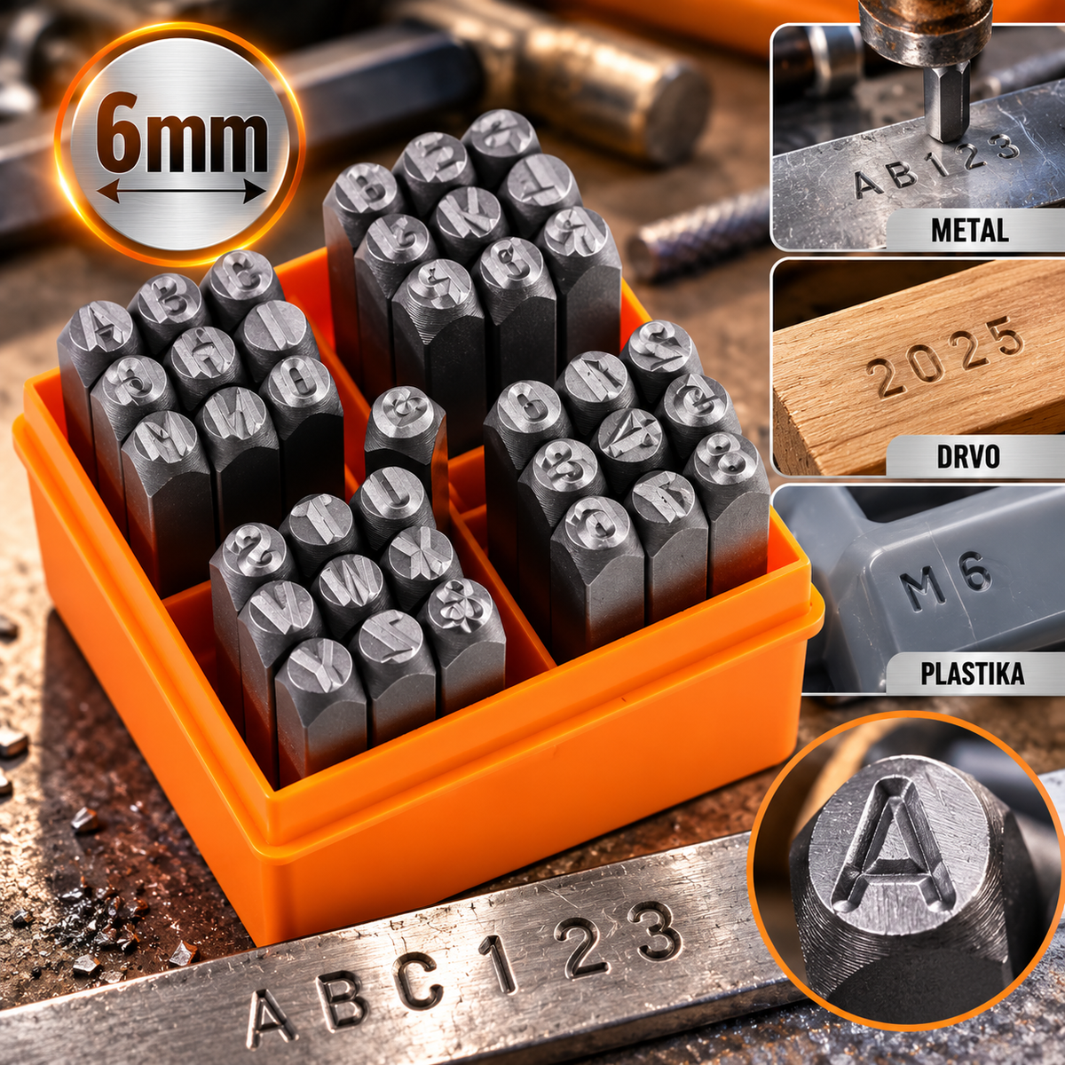Set Brojeva i Slova za Ukucavanje 6mm – Čelični Udarači za Metal, Drvo i Plastiku