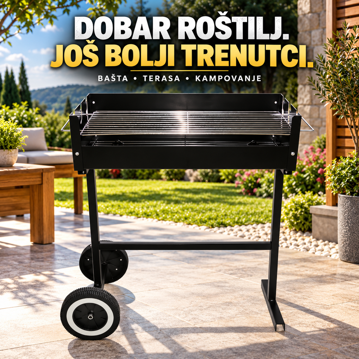 Prenosni Roštilj sa Točkovima 64x59,5x24,5 cm – Pokretni Roštilj za Ćumur za Baštu, Terasu i Kampovanje