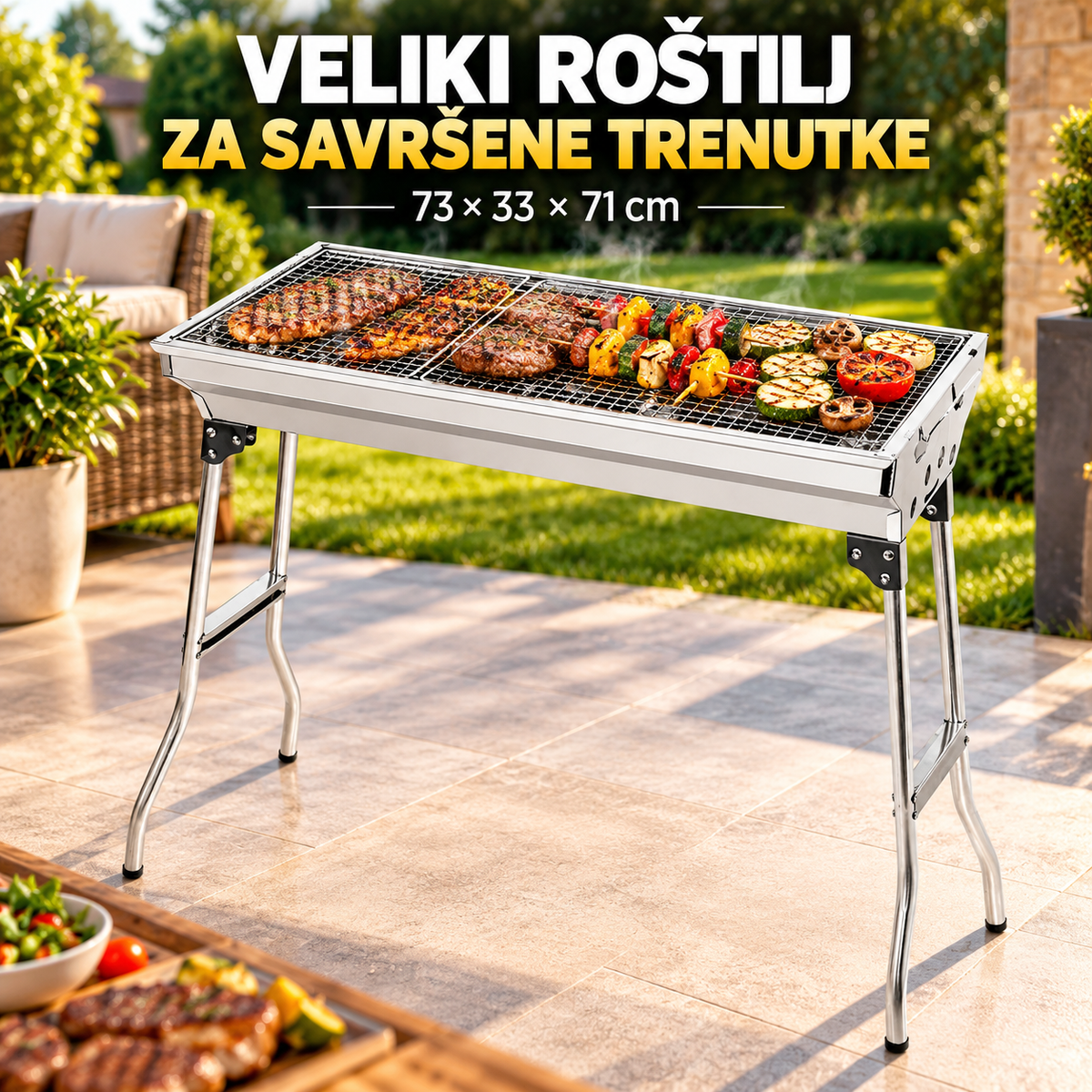 Veliki Baštenski Roštilj 73x33x71 cm – Roštilj na Ćumur za Dvorište, Terasu i Porodično Pečenje