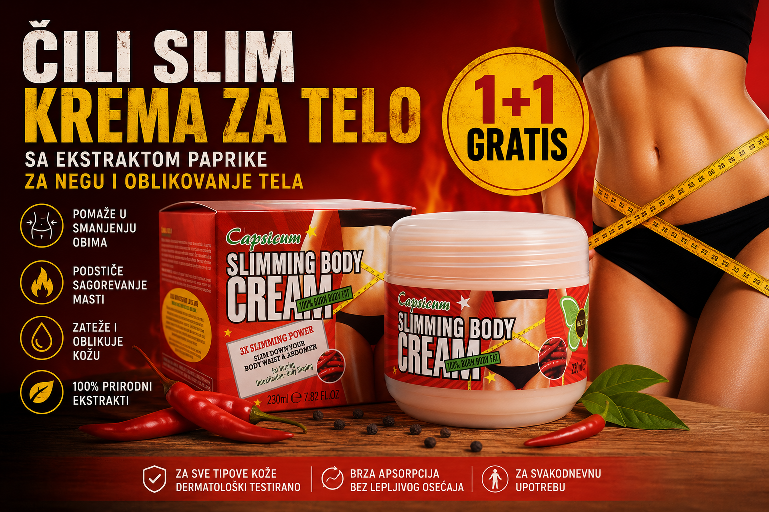 Čili Slim Krema za Telo 230ml 1+1 GRATIS – Krema sa Ekstraktom Paprike za Negu i Oblikovanje Tela
