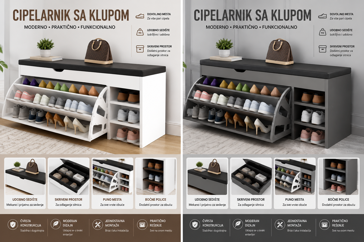 Moderan Cipelarnik sa Sedištem 100cm – Ormar za Cipele sa Klupom i Prostorom za Odlaganje