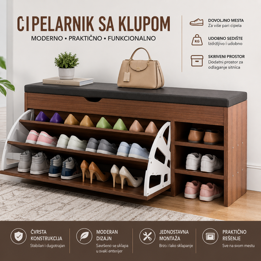 Moderan Cipelarnik sa Sedištem 100cm – Ormar za Cipele sa Klupom i Prostorom za Odlaganje
