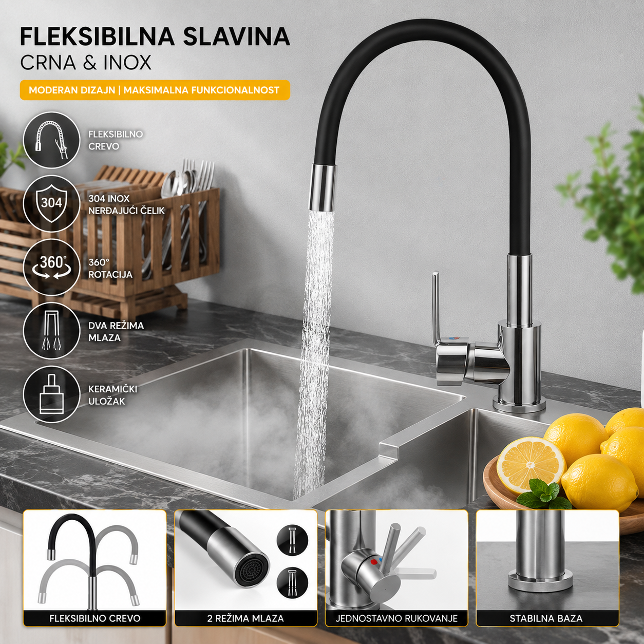 Premium Crna Inox Slavina za Sudoperu sa Fleksibilnim Crevom – Kuhinjska Slavina sa 360° Rotacijom i Dva Režima Mlaza