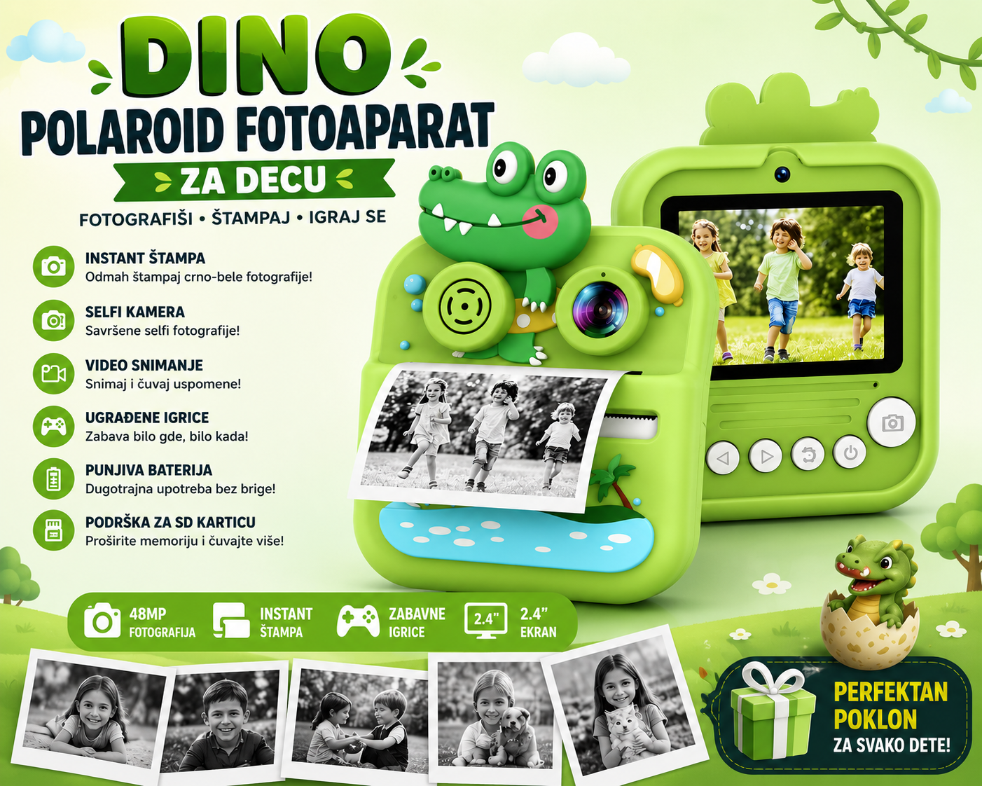 DINO Polaroid Fotoaparat za Decu – Instant Kamera sa Štampom, Selfi Kamerom, Video Snimanjem i Igricama