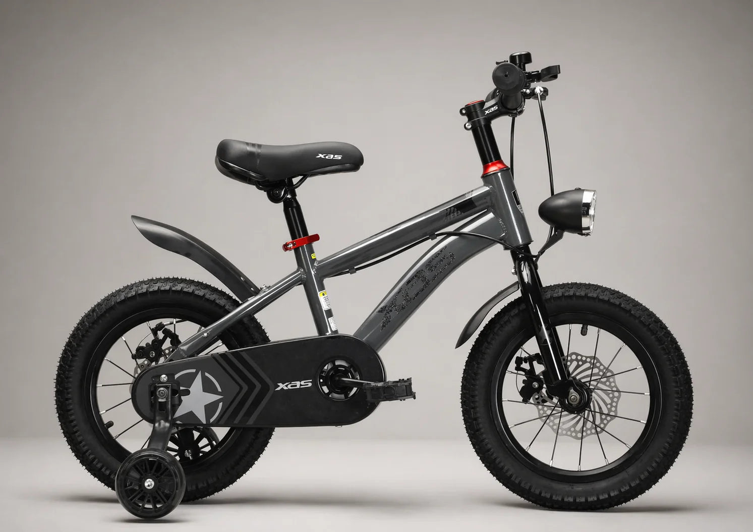 Children's bicycle with XAS branding on a gray background
