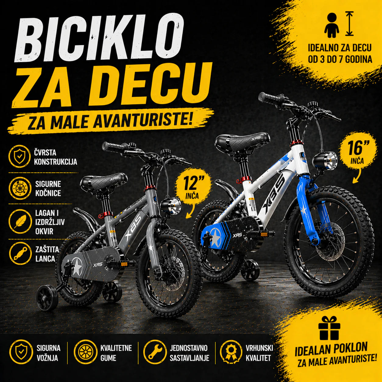 Dečiji Bicikl TYRON 12”/16” – Stabilan, Siguran i Lagan sa Pomoćnim Točkićima
