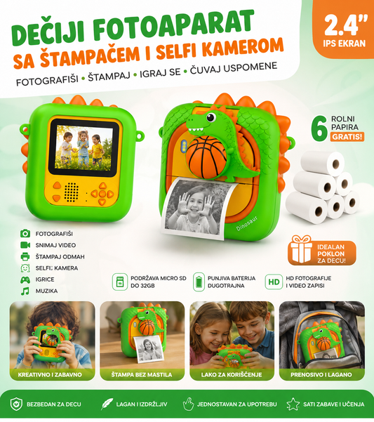 Dečiji Fotoaparat Dinosaurus sa Instant Štampačem i Selfi Kamerom – HD Kamera za Decu + 6 Gratis Rolni Papira za Printanje Fotografija
