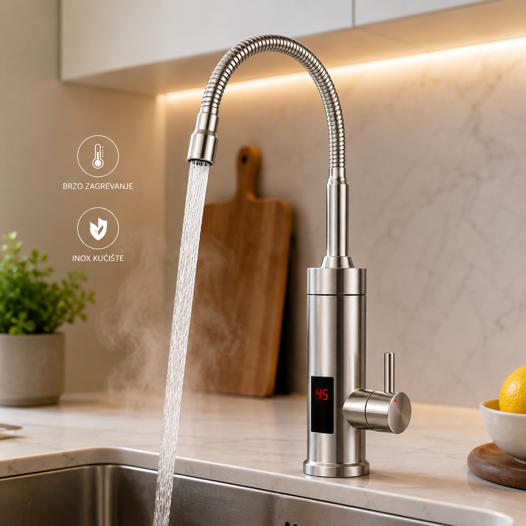 A modern stainless steel high-arc water fountain faucet installed in a kitchen sink, with water running from the spout. The faucet features a digital temperature display on its front and a side lever.