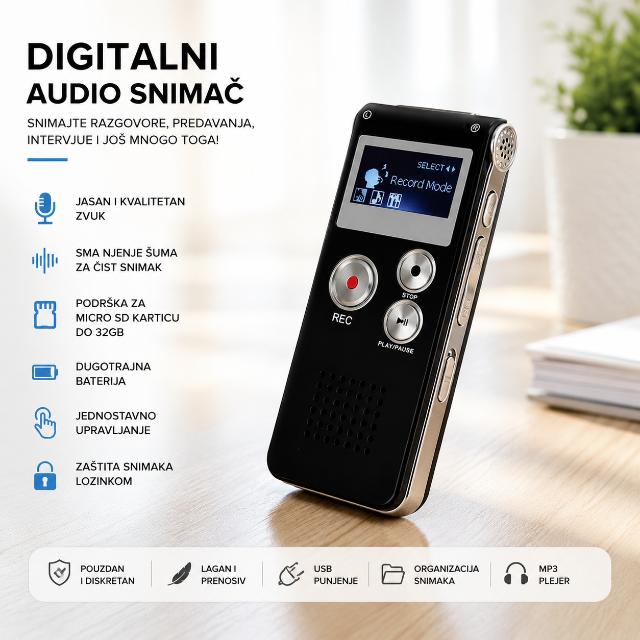 Digitalni Audio Snimač Razgovora 8GB – Diktafon sa MP3 Plejerom, 20h Snimanja, USB Prenos Podataka i Metalnim Kućištem