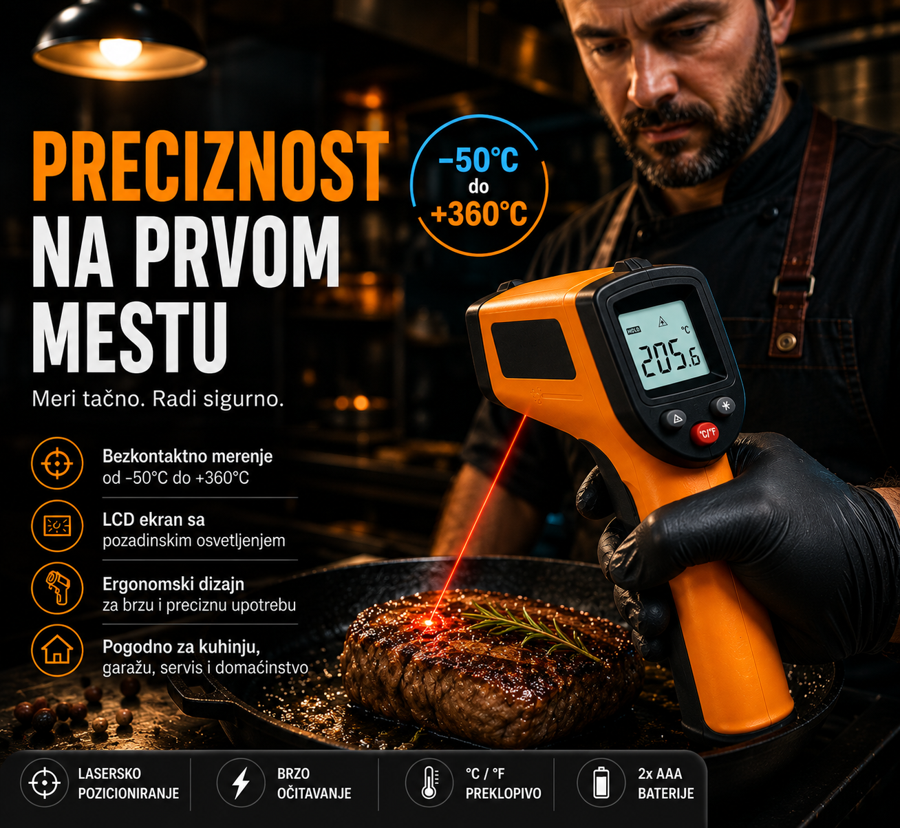 Digitalni Laserski Infracrveni Termometar – Beskontaktno Merenje Temperature sa LCD Ekranom
