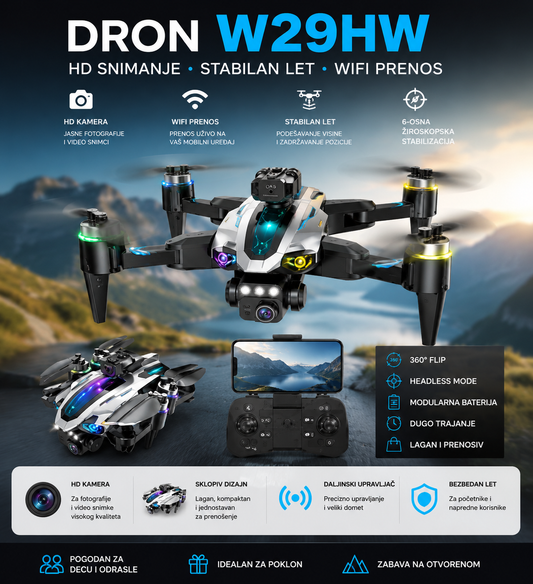 Dron W29HW sa Kamerom i Daljinskim Upravljačem – HD Snimanje, Stabilan Let i WiFi Prenos za Decu i Odrasle