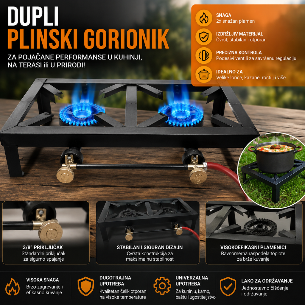 Dupli Plinski Gorionik Visokog Učinka – Profesionalni Plinski Rešo sa 2 Gorionika za Kotlić, Kazan, Kampovanje i Kuvanje na Otvorenom

