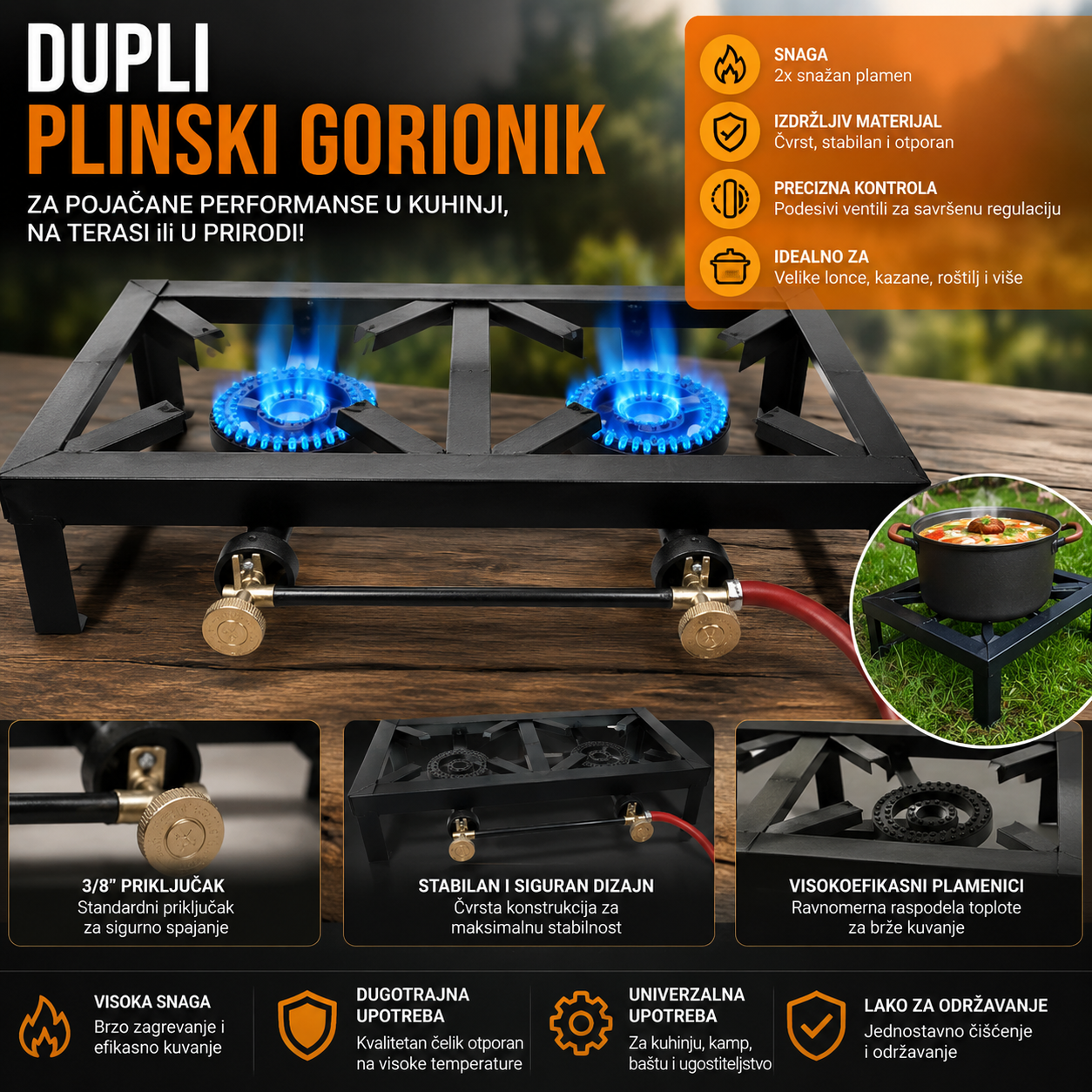 Dupli Plinski Gorionik Visokog Učinka – Profesionalni Plinski Rešo sa 2 Gorionika za Kotlić, Kazan, Kampovanje i Kuvanje na Otvorenom
