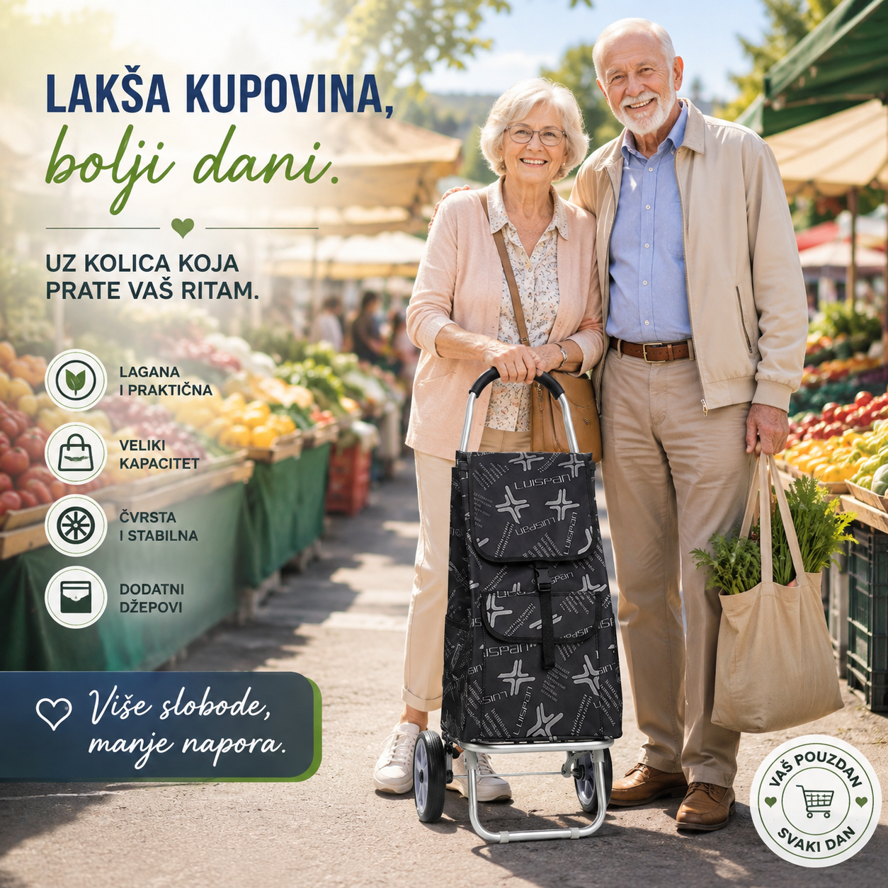 EasyGo Kolica za Pijacu – Sklopiva Kolica za Kupovinu sa Velikom Torbom