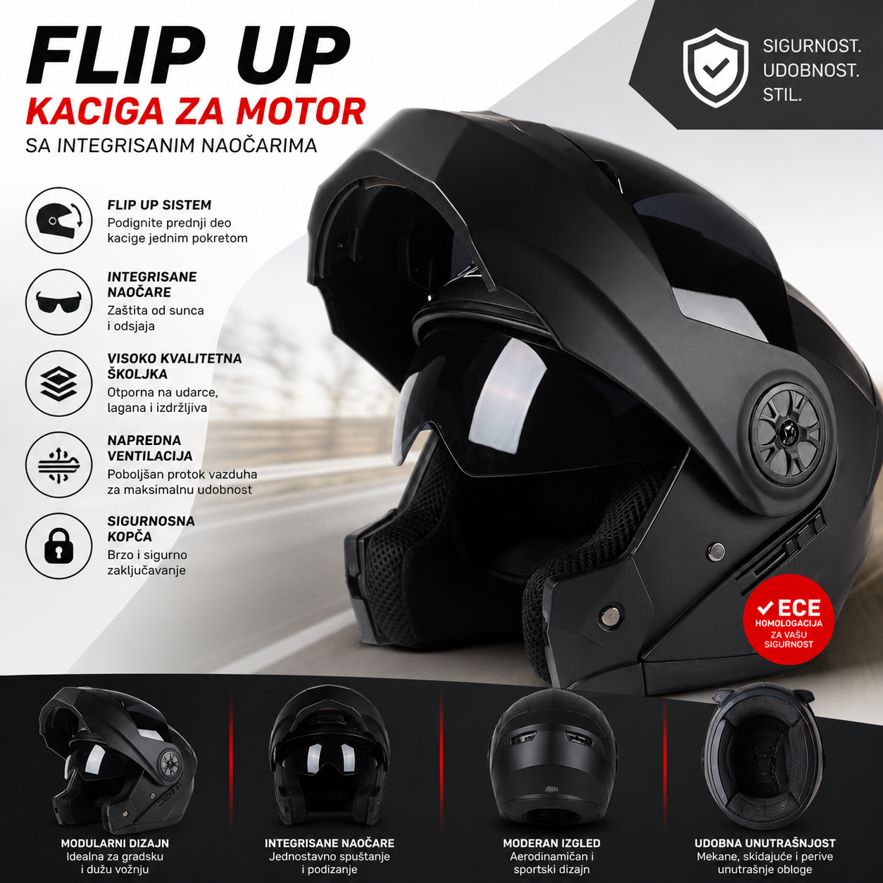 FLIP UP kaciga za motor sa integrisanim naocarima