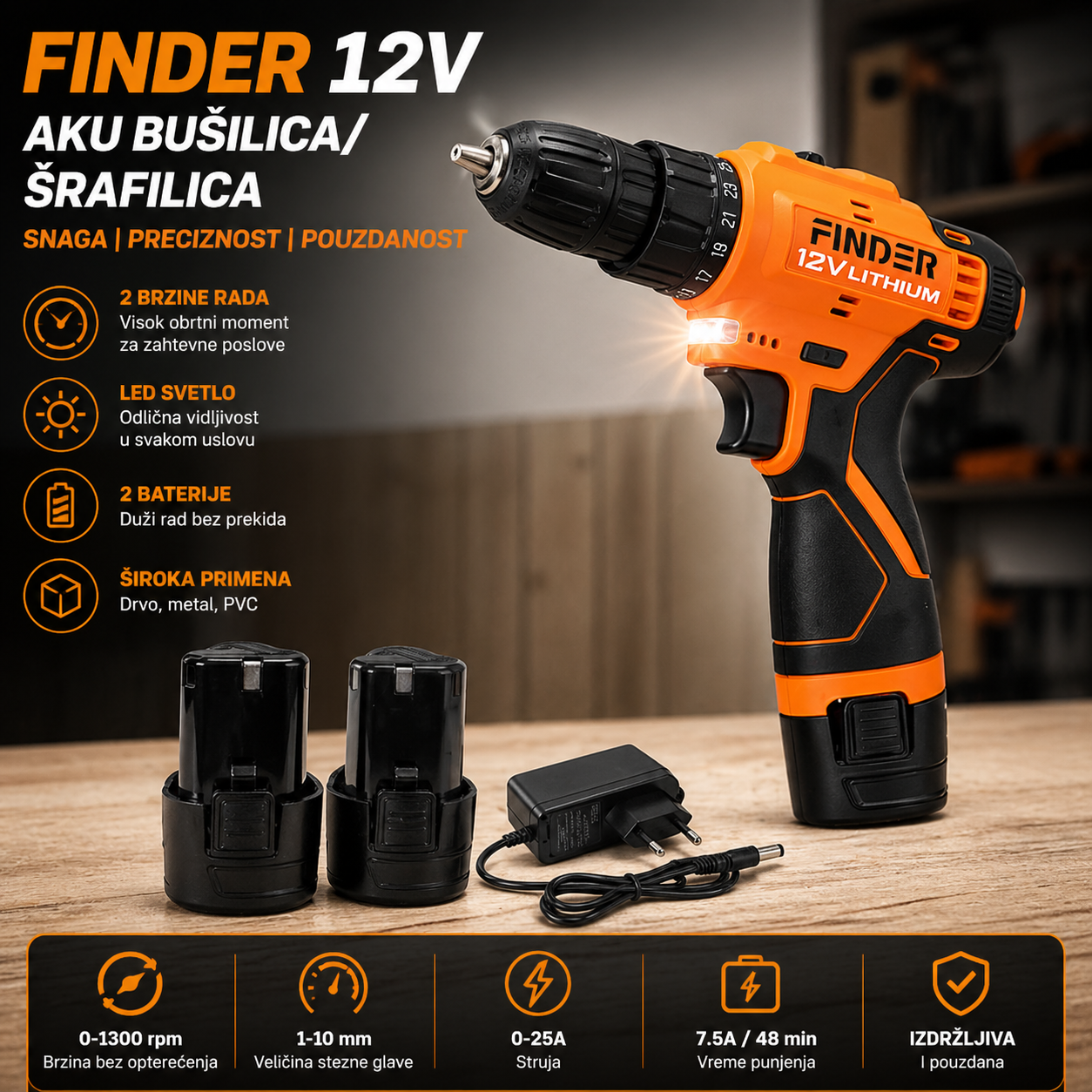 Profesionalna Aku Bušilica 12V – Finder sa 2 Baterije i LED Osvetljenjem