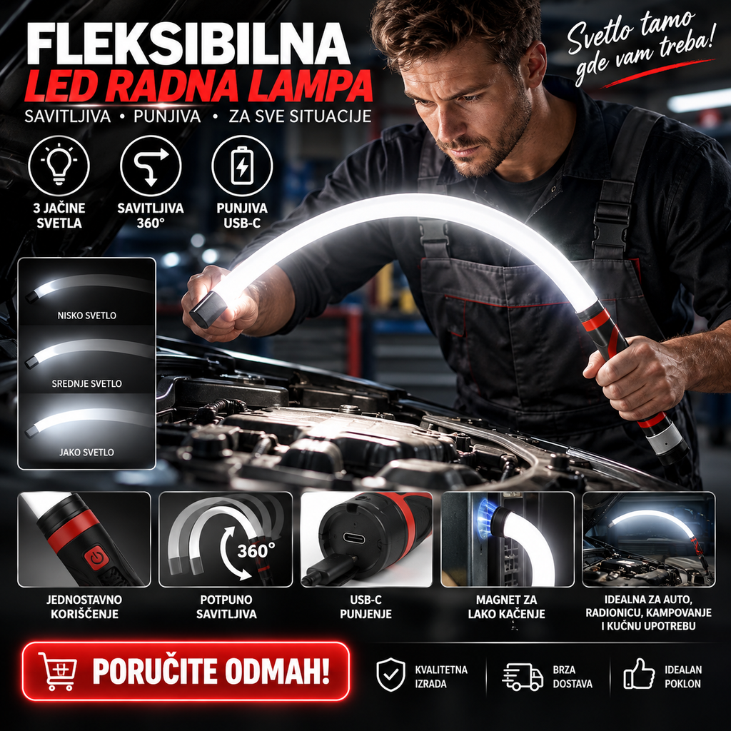 Fleksibilna LED Radna Lampa – Punjiva Savitljiva LED Lampa sa 3 Jačine Svetla za Auto i Radionicu