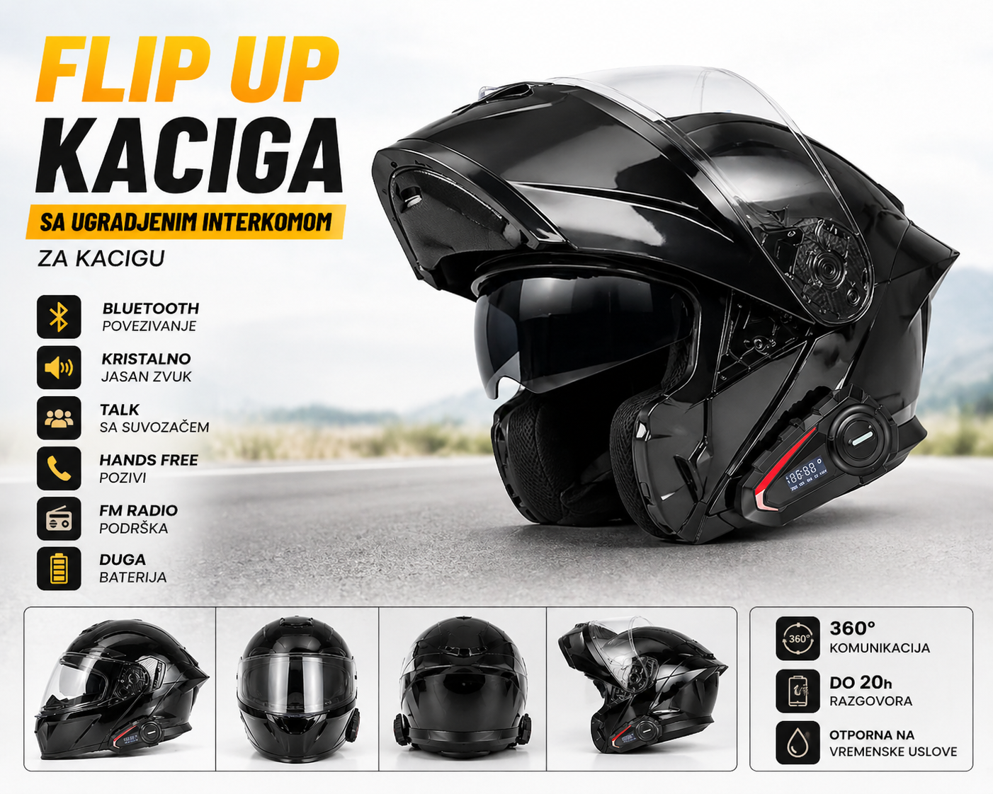 Flip Up Kaciga sa Bluetooth Interkomom – Modularna Moto Kaciga sa Sunčanim Naocare i Handsfree Pozivima