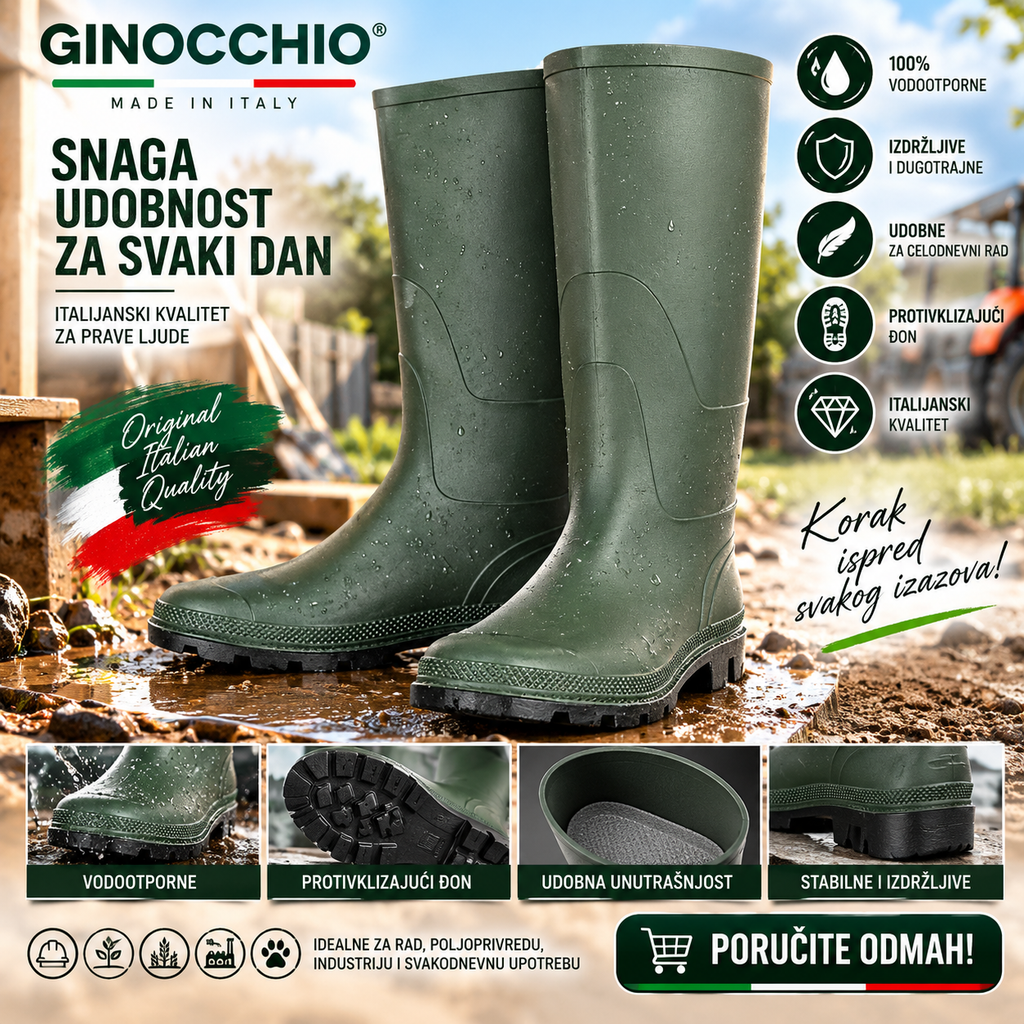 Ginocchio PVC Radne Čizme – Zelene Vodootporne Čizme sa Antistatičkim i Protivkliznim Đonom