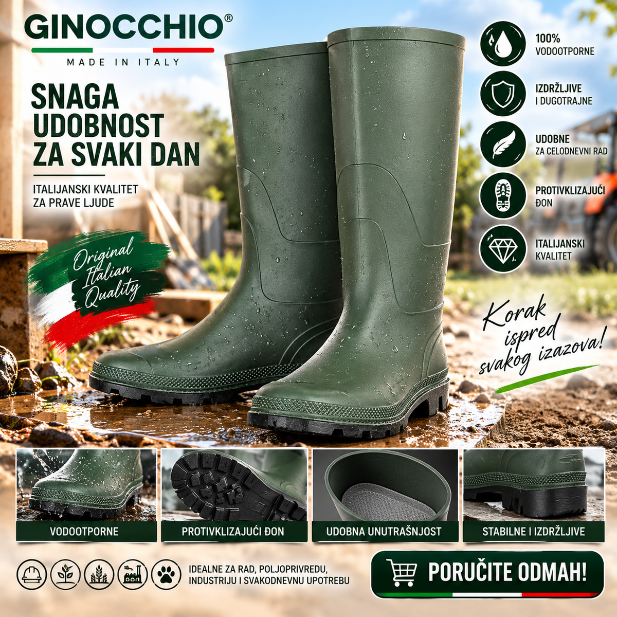Ginocchio PVC Radne Čizme – Zelene Vodootporne Čizme sa Antistatičkim i Protivkliznim Đonom