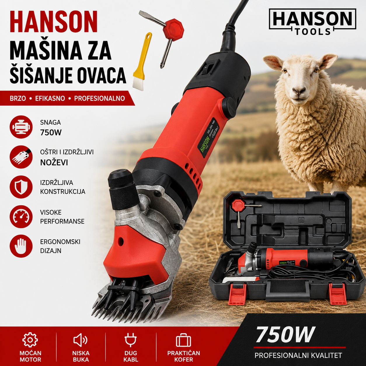 HANSON Mašina za Šišanje Ovaca 750W – Profesionalna Mašina za Šišanje