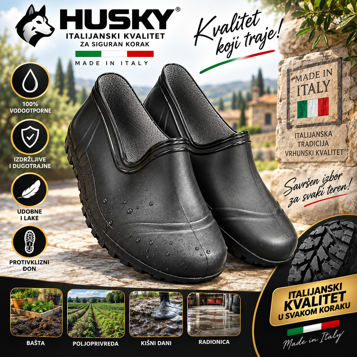 HUSKY Vodootporne Kaljače 42–46 sa Anatomski Uloškom – Protivklizne Radne Cipele