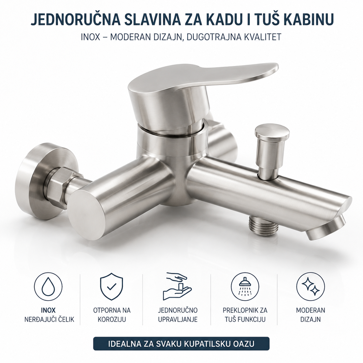 Jednoručna Inox Slavina za Kadu i Tuš Kabinu – Moderna Baterija od Nerđajućeg Čelika za Kupatilo