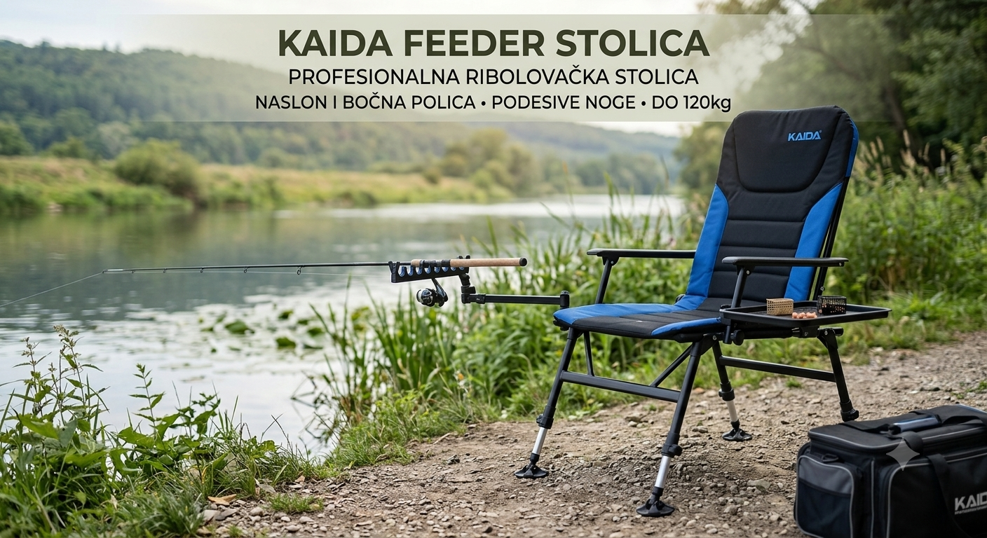 Kaida Feeder Stolica za Pecanje – Profesionalna Ribolovačka Stolica sa Bočnim Stočićem, 2 Držača Pribora i Podesivim Nogama