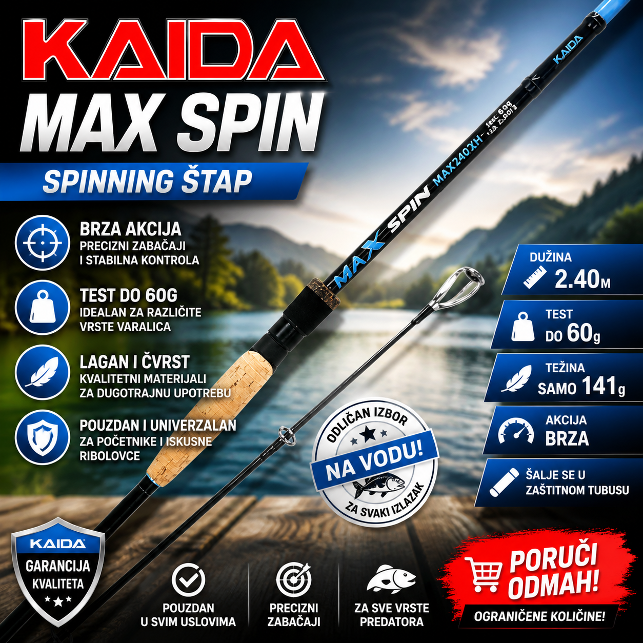 Kaida MAX SPIN 2.40m 60g – Spinning Štap za Pecanje