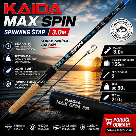 Kaida MAX SPIN 3m – Spinning Štap 60g za Trofejni Ribolov | Dalek Zabačaj, Brza Akcija