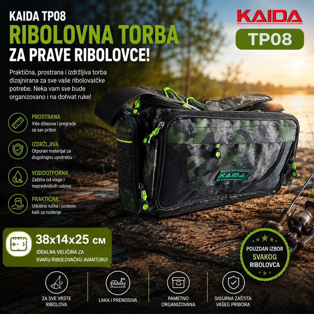 Kaida TP08 Camo Torba za Ribolov 38x14x25 cm – Vodootporna Modularna Torba sa Više Džepova za Šaranski i Feeder Ribolov