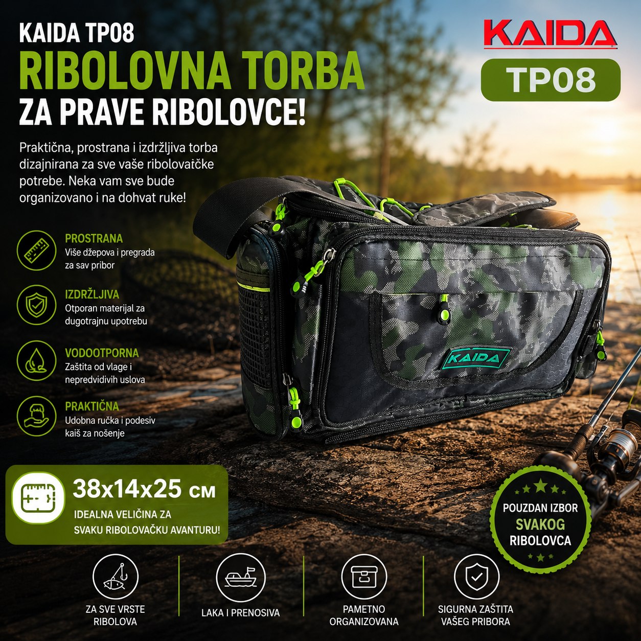 Kaida TP08 Camo Torba za Ribolov 38x14x25 cm – Vodootporna Modularna Torba sa Više Džepova za Šaranski i Feeder Ribolov