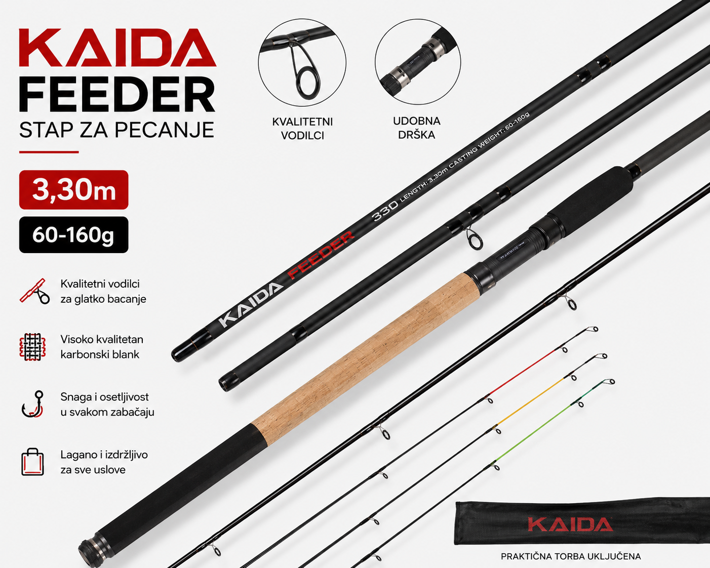 Kaida Feeder Štap za Pecanje 3.30m 60-160g – Profesionalni Feeder Štap za Reke, Jezera i Daleke Zabačaje
