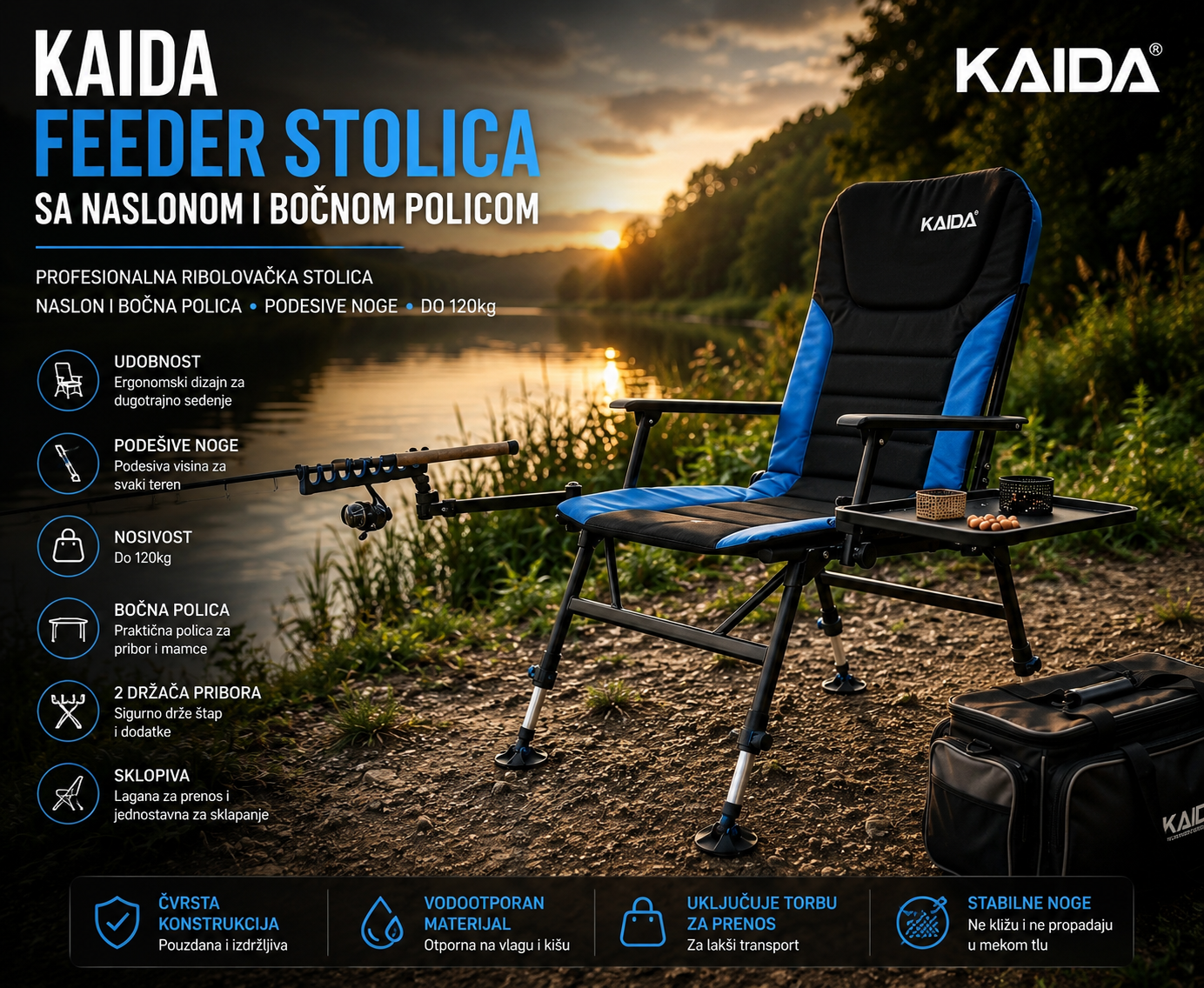 Kaida Feeder Stolica za Pecanje – Profesionalna Ribolovačka Stolica sa Bočnim Stočićem, 2 Držača Pribora i Podesivim Nogama
