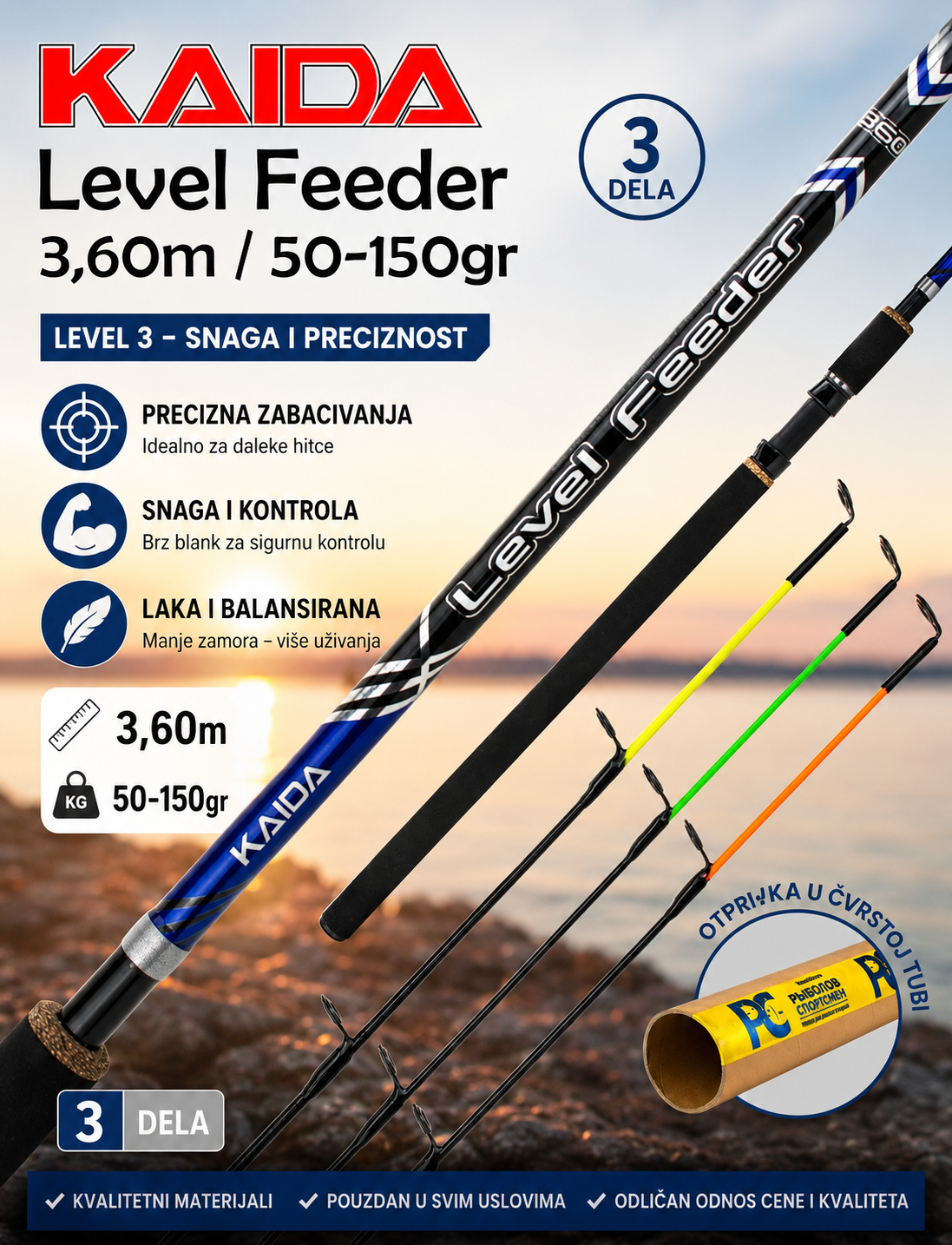 Kaida Level Feeder Štap 3.60m 50-150g – Profesionalni Feeder Štap za Daleke Zabačaje i Precizan Ribolov