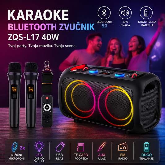 Karaoke Bluetooth Zvučnik ZQS-L17 40W sa Bežičnim Mikrofonom – Prenosivi Party Speaker sa LED Svetlima