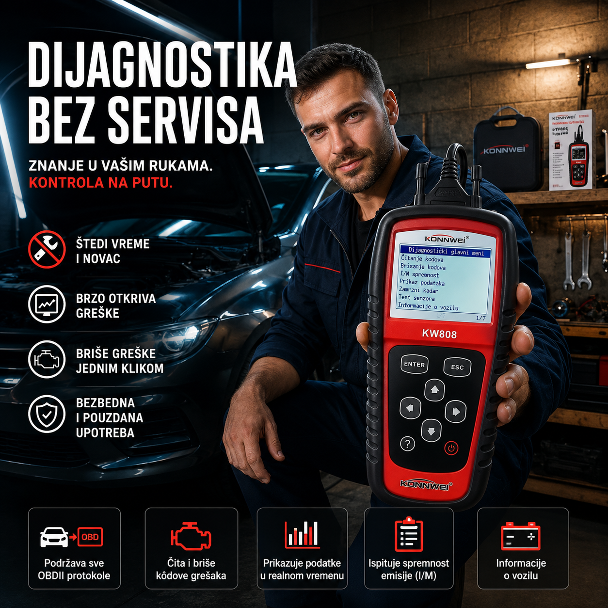 Profesionalna Auto Dijagnostika OBD2 Konnwei KW808 – OBD II Skener za Vozila