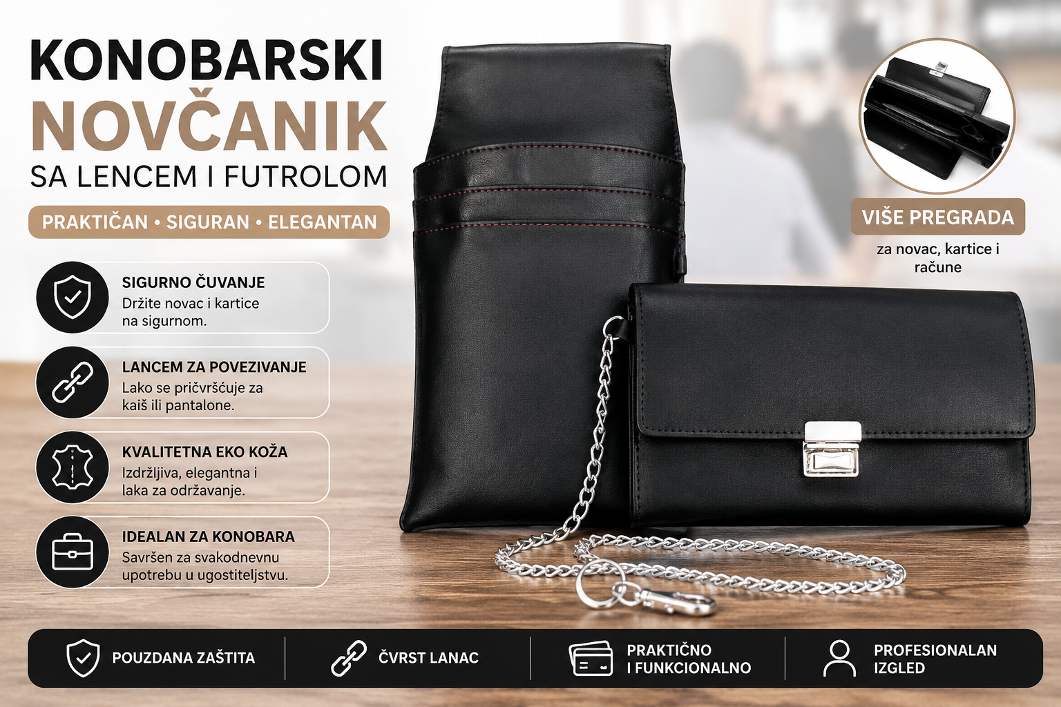 Konobarski Novčanik sa Lancem i Futrolom – Profesionalni Novčanik za Konobare sa 7 Pregrada, Futrolom za Pojas i Eko Kožom