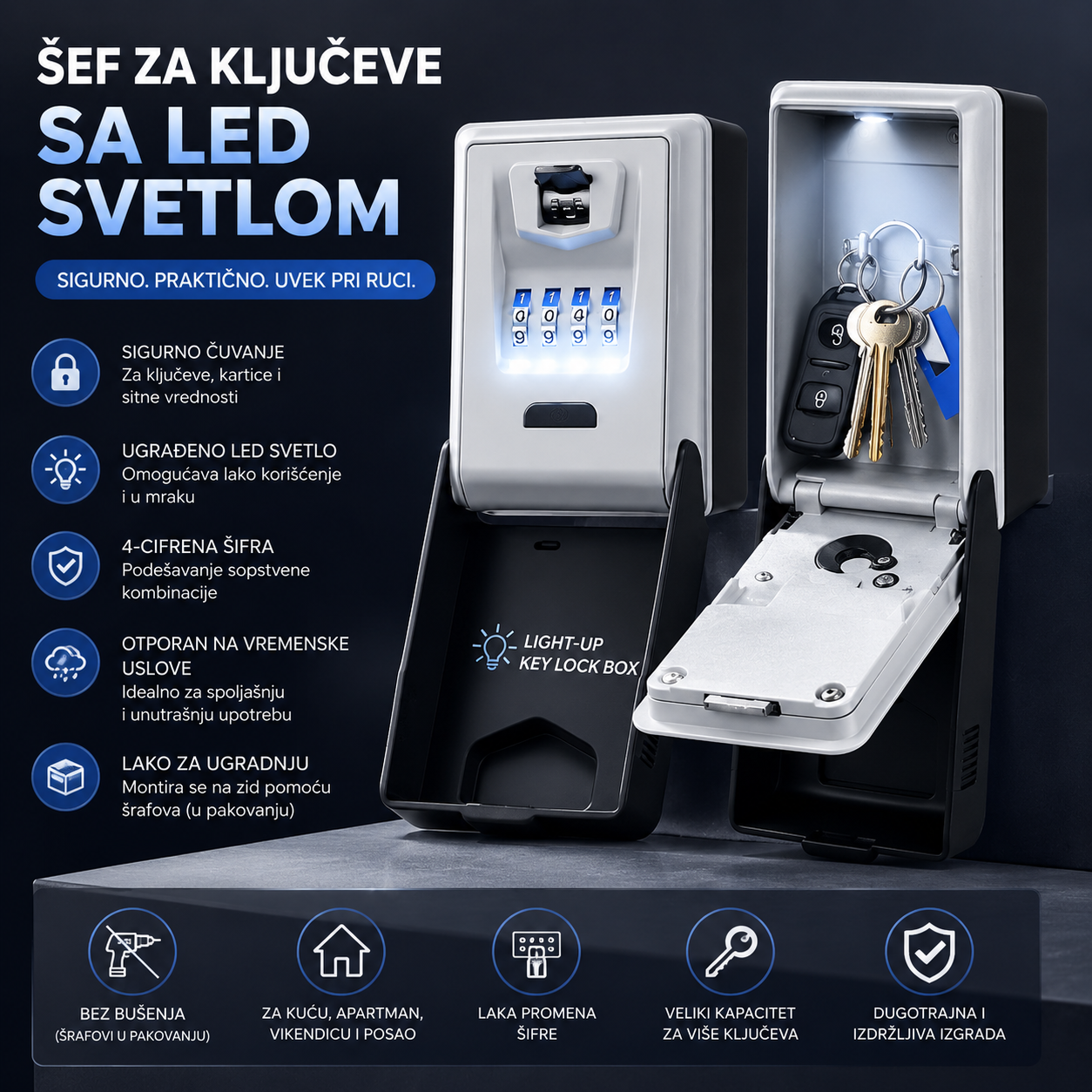 LED KeySafe Box – Sigurnosni Šef za Ključeve sa LED Svetlom i Šifrom za Kuću, Apartman i Vikendicu