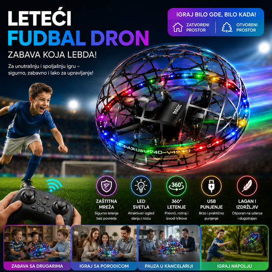 LED Leteći Fudbal Dron sa Zaštitnom Mrežom – Punjivi Hover Dron za Decu i Odrasle za Unutrašnju i Spoljašnju Zabavu