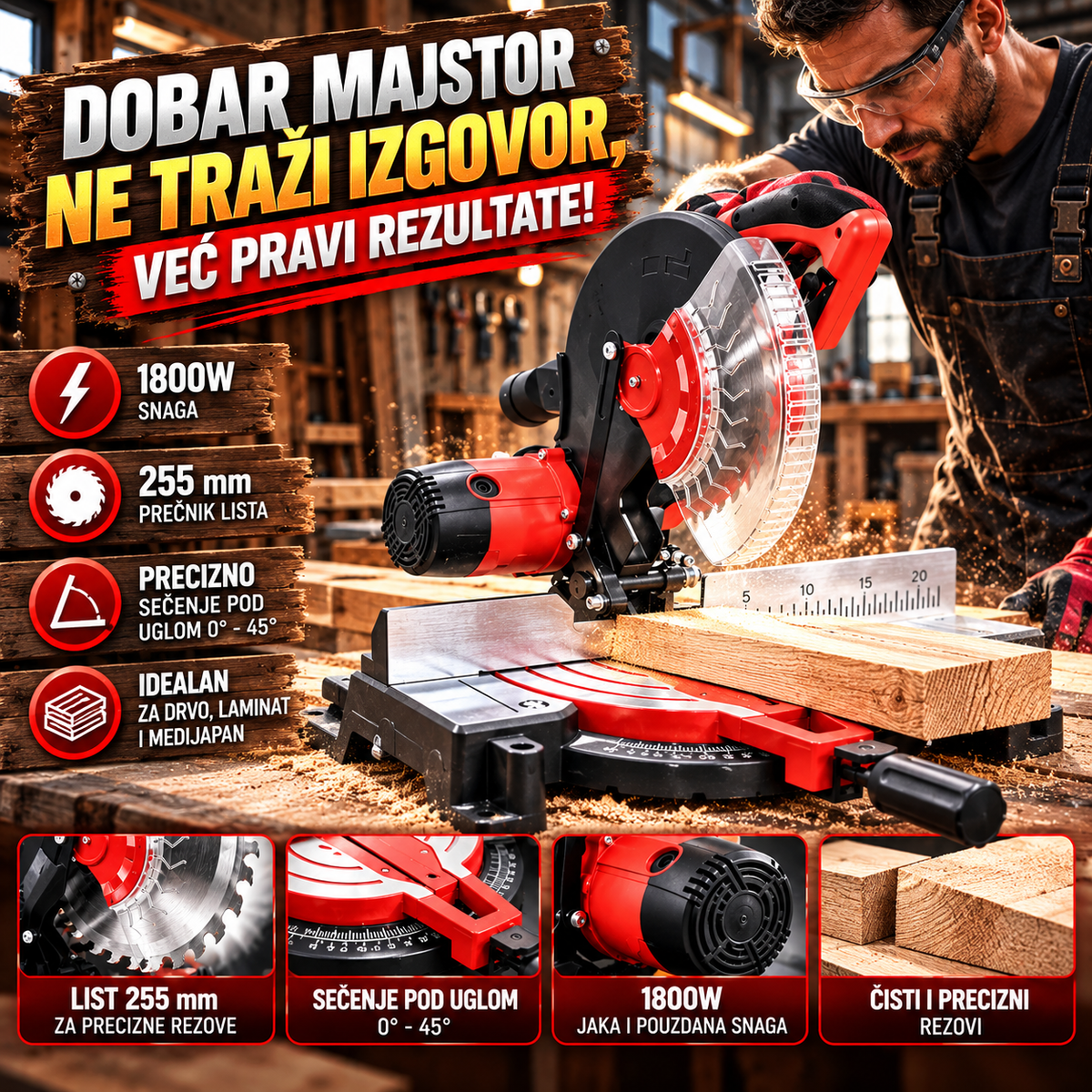 Električni Cirkular Ger za Drvo 1800W – Testera sa Listom Prečnika 255 mm