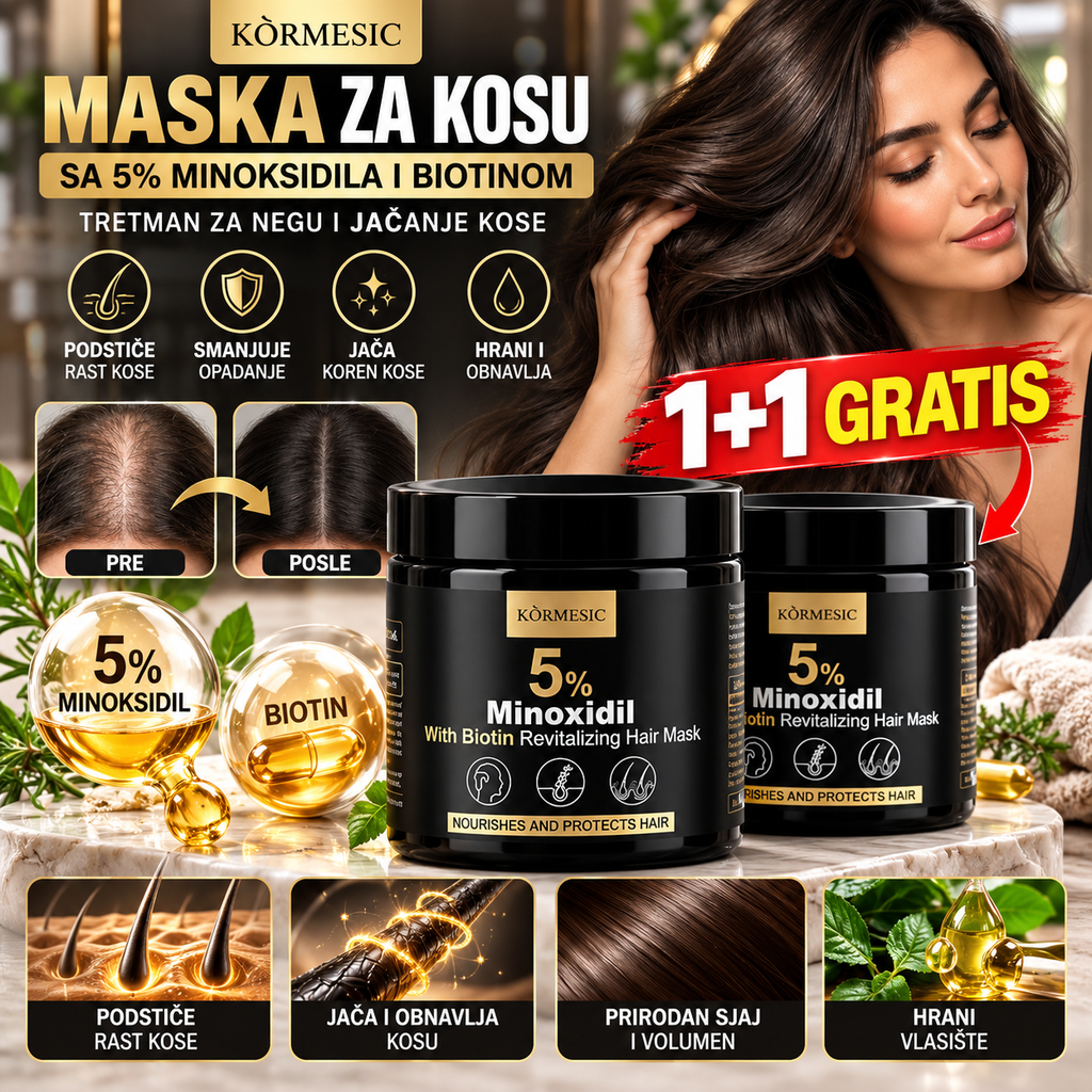 Maska za Kosu sa 5% Minoksidila i Biotinom – Tretman za Negu i Jačanje Kose 1+1 Gratis