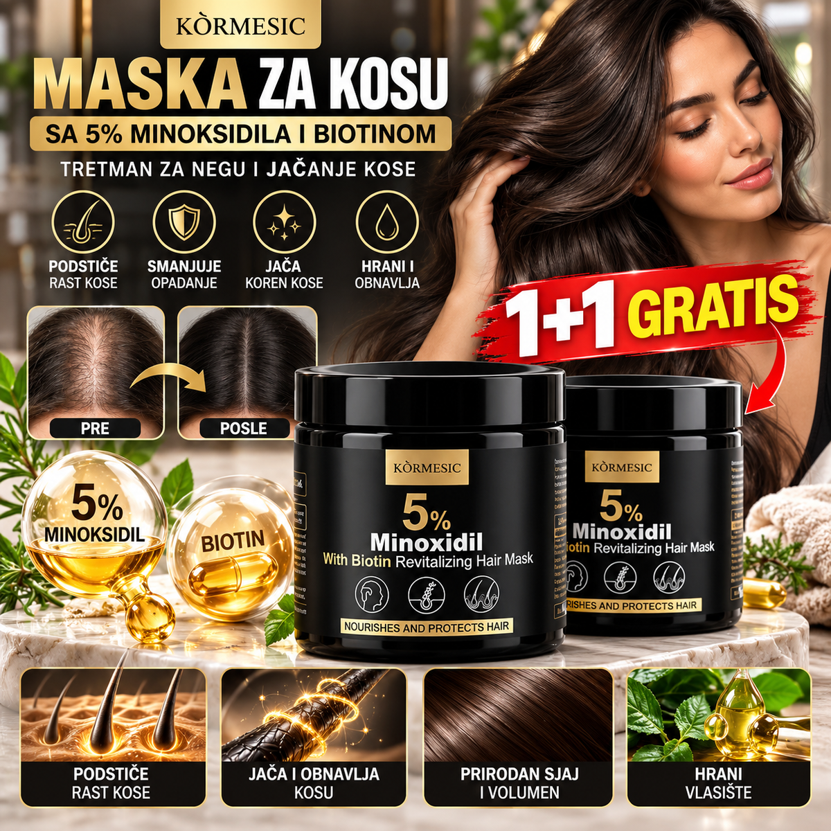 Maska za Kosu sa 5% Minoksidila i Biotinom – Tretman za Negu i Jačanje Kose 1+1 Gratis