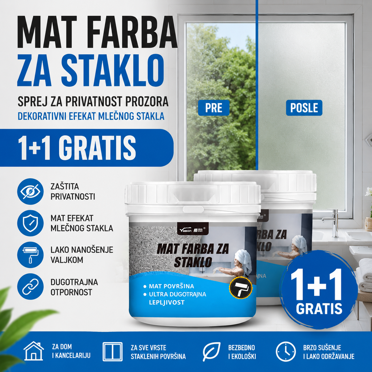 Mat Farba za Staklo – Sprej za Privatnost Prozora 1+1 GRATIS, Dekorativni Efekat Mlečnog Stakla